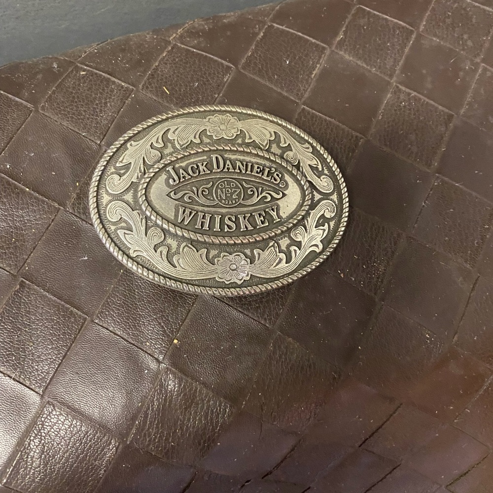 Jack Daniels Silver-Tone Oval Whiskey Belt Buckle on Brown